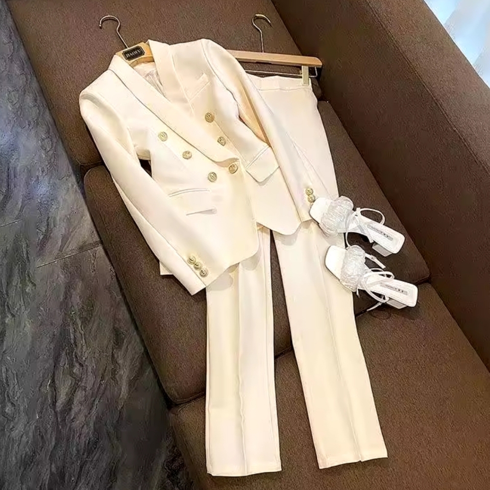 Elegant Work Blazer Suit Noted double breasted Jacket Coat Top And Pant Two Piec - Picture 2 of 5